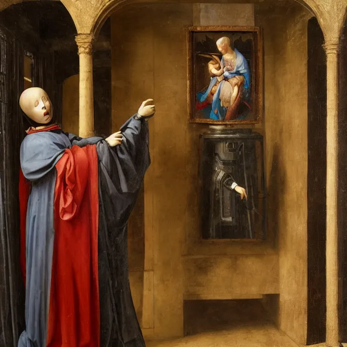 Prompt: a robot wearing a hooded cloak, a renaissance painting