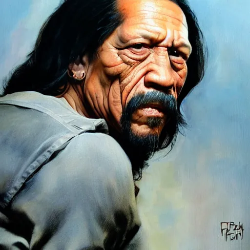 Image similar to ultra realistic portrait painting of danny trejo, art by frank frazetta, 4 k, ultra realistic, highly detailed, epic lighting