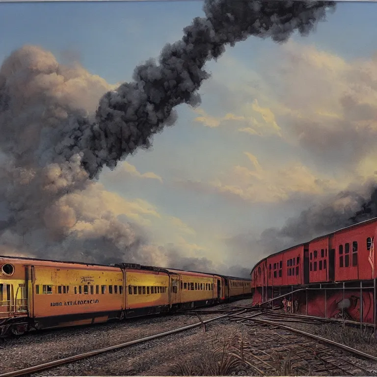 Image similar to a painting of a train going down the tracks, a matte painting by John Matson, deviantart, american scene painting, matte drawing, matte painting, storybook illustration
