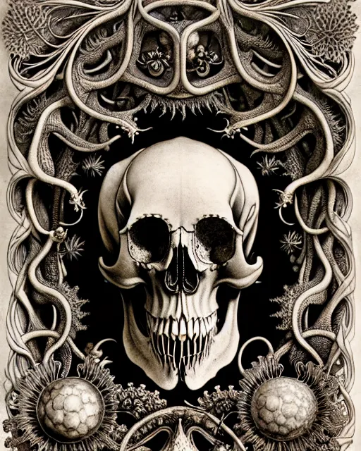 Image similar to art forms of nature by ernst haeckel, memento mori by arthur rackham, ornate antique porcelain beautiful skull mask, ultrasharp, photorealistic, hyperdetailed, octane render, polished, art nouveau, neo - gothic, gothic, intricate ornamental organic filigree, art nouveau botanicals, art forms of nature by ernst haeckel, horizontal symmetry, symbolist, visionary