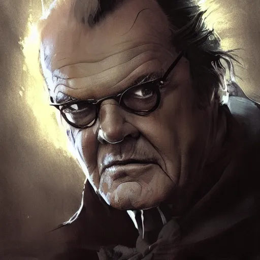 Image similar to portrait of Jack Nicholson as Gandolf the Gray, dramatic lighting, illustration by Greg rutkowski, yoji shinkawa, 4k, digital art, concept art, trending on artstation