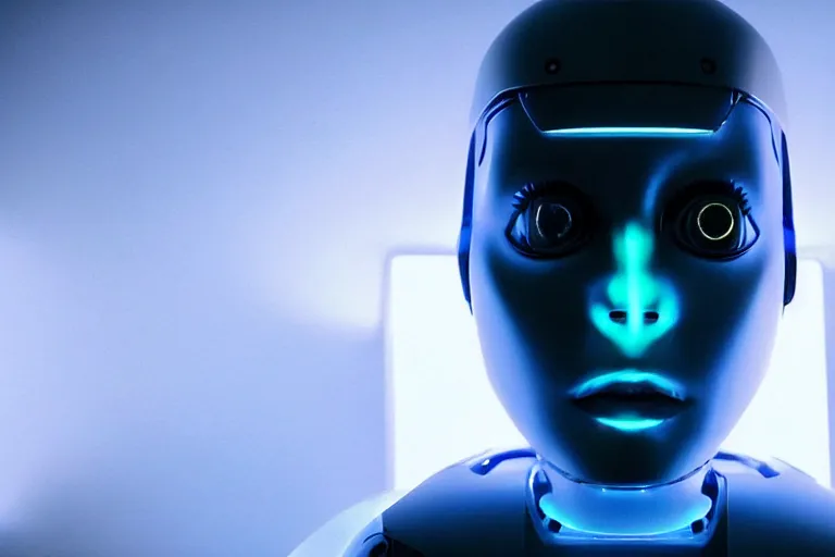 Prompt: VFX movie of a futuristic robot closeup portrait in living room, beautiful natural skin neon lighting by Emmanuel Lubezki