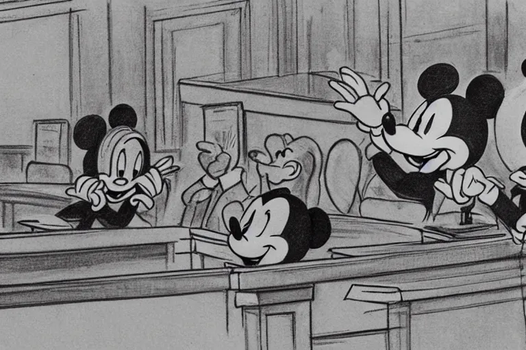 Image similar to detailed background courtroom sketch of vintage disney character mickey mouse presenting evidence of copyright infringement to the judge bench court room wooden serious dark tone