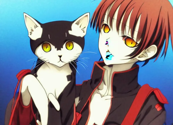 Image similar to anime visual of a cute cat, with red eyes!!!!, high quality detailed anime, cel shaded, digital art by last exile murata range blue submarine no 6, hd, ambient light