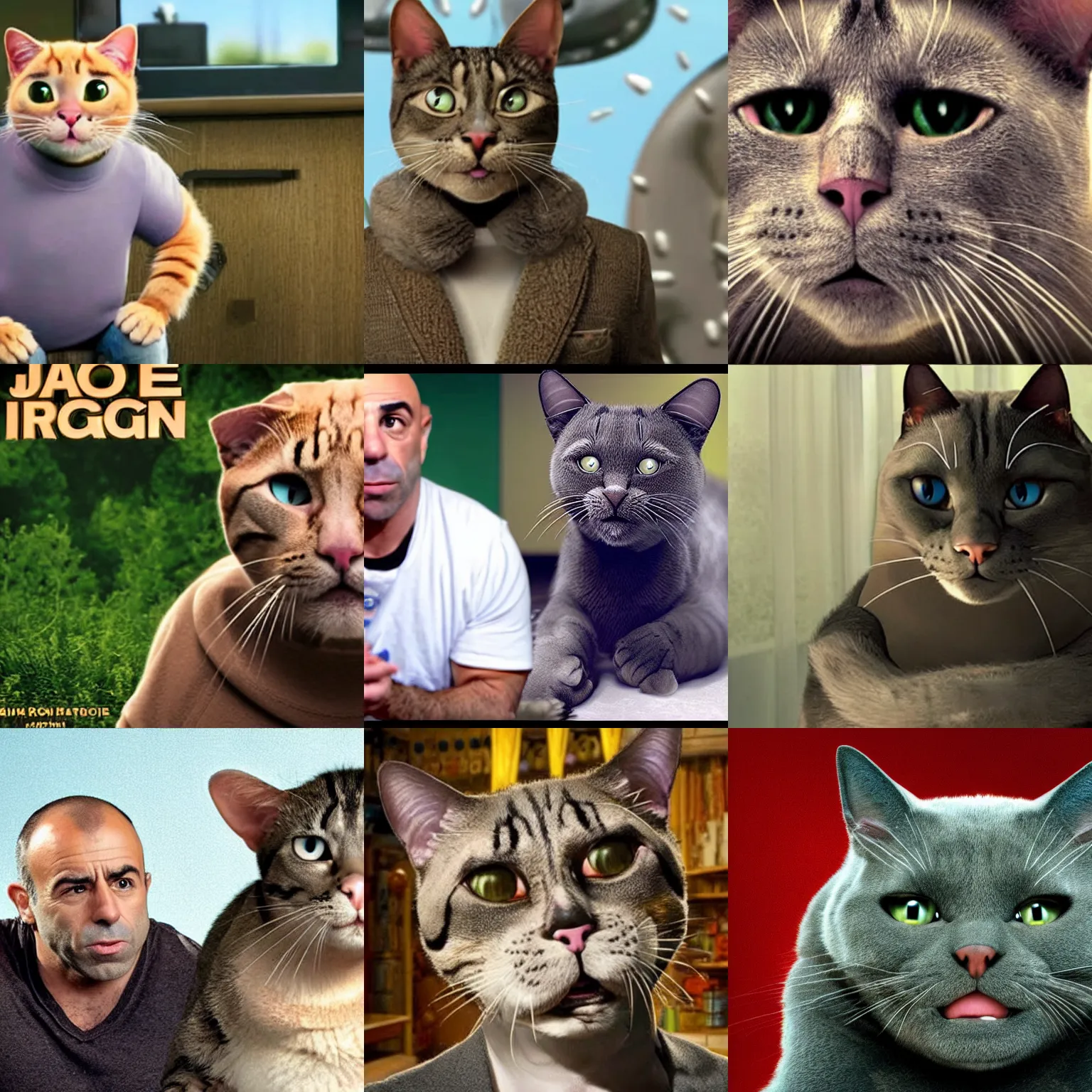 Prompt: joe rogan as a cat in a still from the movie rogans inc by pixar