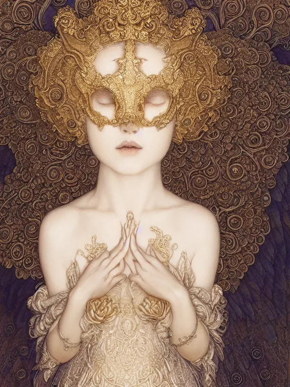 Prompt: Gustave dore beautiful maiden ivory mask intricate ornate wings fractal-lace iridescent gemstone wearing ivory rococo dress, ivory gold, iridescent highlights, full view, soft lighting, vivid, Hyperdetailed, 4k hd matte painting by Artgerm, Kelly McKernan, Marc Simonetti, Mucha, Klimt, Moebius, James Jean, 8k resolution, enchanting and otherworldly, Artstation, CGsociety, detailed, front view