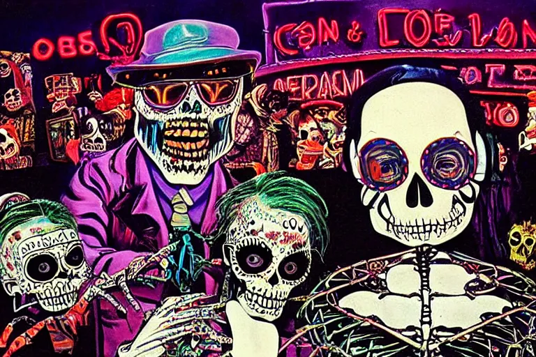 Image similar to scene from fear and loathing in las vegas, day of the dead, cyber skeleton, neon painting by otto dix