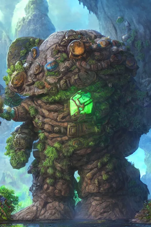 Image similar to zelda fantasy art giant golem troll wood rock greeble gemstone, global illumination ray tracing hdr fanart arstation by sung choi and eric pfeiffer and gabriel garza and casper konefal