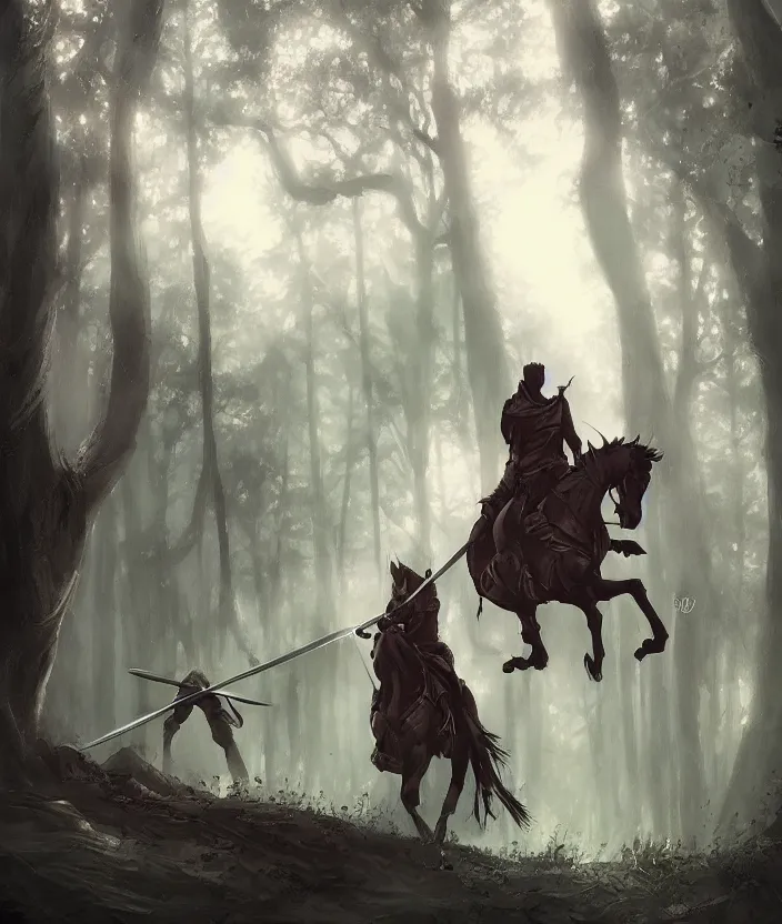 Prompt: a hero against the grain who wields his sword against a monstrous black rider of death in a fantastic woodland setting by finnstark anato