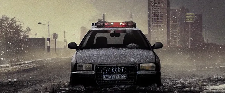 Image similar to Audi A4 B6 Avant (2002), a gritty neo-noir, dramatic lighting, cinematic, eerie person silhouette, death, homicide, homicide in the snow, gunshots, establishing shot, extremely high detail, photorealistic, cinematic lighting, artstation, by simon stalenhag, Max Payne (PC) (2001) winter new york at night, Max Payne 2 graphic novel style, flashing lights, Poets of the Fall - Late Goodbye