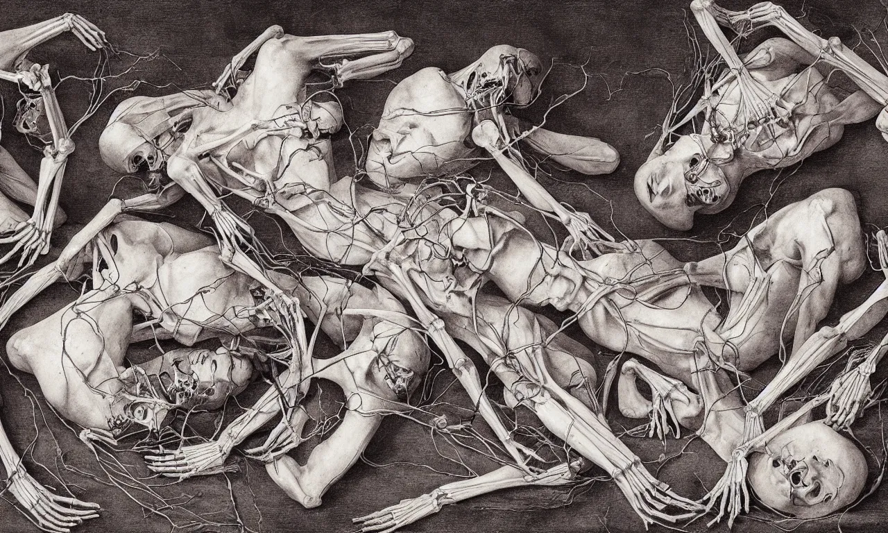 Image similar to intertwined bodies lying on a bed feeling an existential dread of love, HD Mixed media, highly detailed and intricate, skeletal, botany, surreal illustration in the style of Caravaggio, baroque dark art