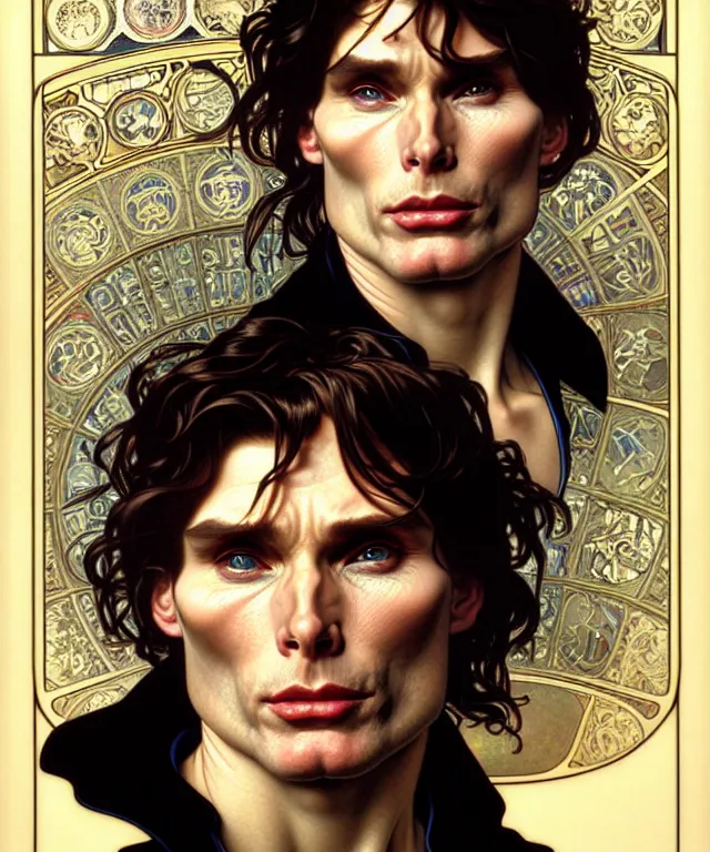 Prompt: realistic detailed face portrait of cillian murphy by alphonse mucha, ayami kojima, amano, greg hildebrandt, and mark brooks, male, art nouveau, neo - gothic, gothic