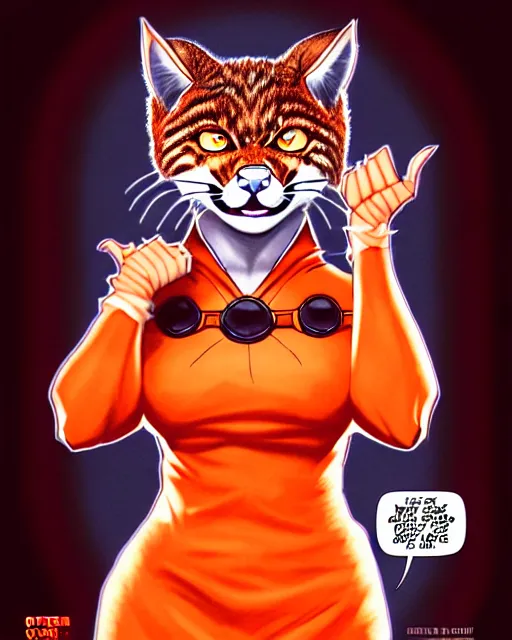 Image similar to artgerm, frank cho comic cover art, bobcat with orange fur, red dress, symmetrical eyes, symmetrical face, white shirt with red exclamation point logo, dark castle background, cinematic lighting