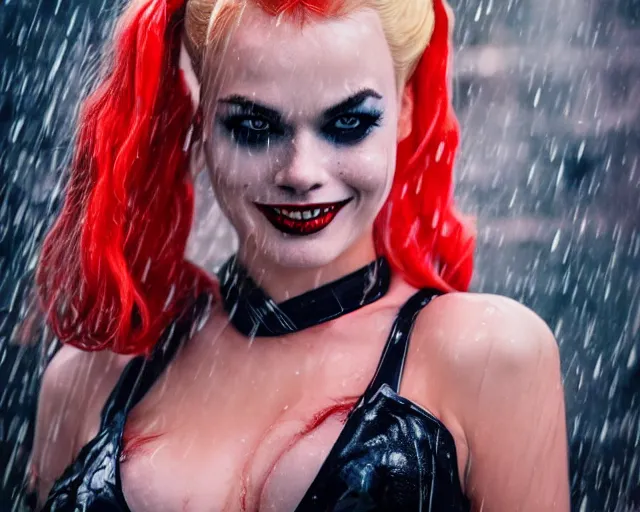 Image similar to deep focus closeup headshot of seductive margo robbie as harley quinn in the rain, head tilted, curious, wet skin, bokeh, street lights, fog, bladerunner, backlit,, futurepunk, gta v, pinup, nagel, arney freytag, gil elvgren, dark moody, cinematic, greg rutkowski, octane!