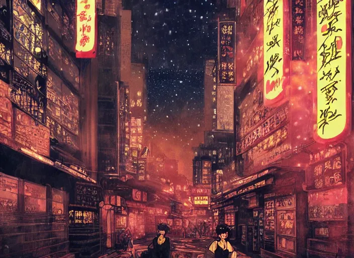 Image similar to anime illustration of 1 9 2 0 s hong kong at night lit by the stars, wispy smoke, highly detailed face, very intricate, symmetrical, cinematic lighting, award - winning, painted by wong kar - wai and mandy jurgens and peter doig, dystopian, bold colors, dark vibes, featured on artstation