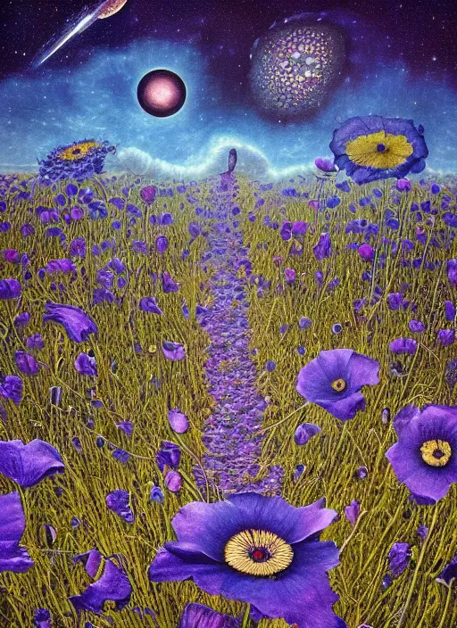 Image similar to detailed, intricate blue black and purple papaverum flower on the field, nebula, galaxy in the sky, winning award masterpiece, fantastically beautiful, illustration, aestheticly inspired, jacek yerka, upscale with anguissola sofonisba work, artstation, 8 k