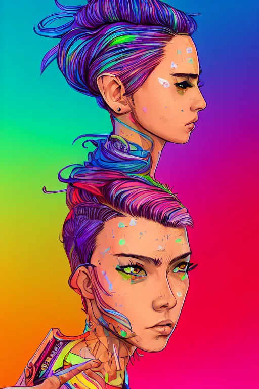 Image similar to a award winning half body portrait of a beautiful woman with stunning eyes in a printed croptop and cargo pants with rainbow colored ombre hairstyle head in motion and hair flying by josan gonzales, outrun, vaporware, shaded flat illustration, digital art, trending on artstation, highly detailed, fine detail, intricate