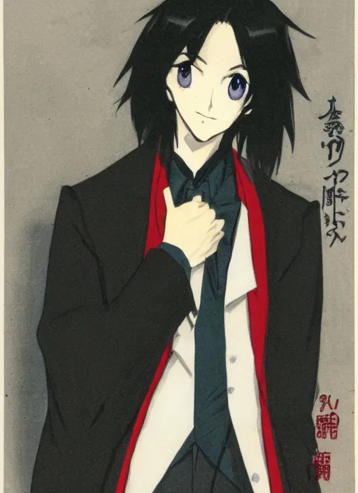 Image similar to portrait by studio gainax, handsome male vampire, focus on face, long black hair, dark blue shirt, light brown coat, red - eyes,