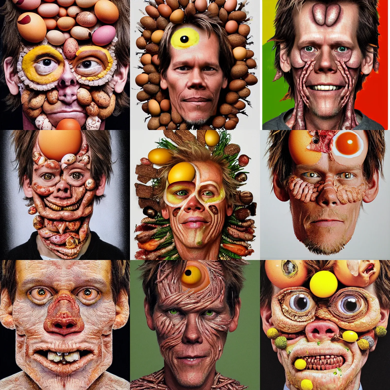 Prompt: a photo of kevin bacon, his face is made of bacon, eyes made of eggs, by arcimboldo