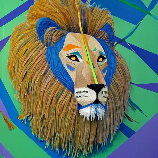 Prompt: closeup portrait of lion head, lion fur made from party ribbons floating party confetti , concept art, huge scale, high detail, intricate by Pablo Picasso and Dali and James Jean