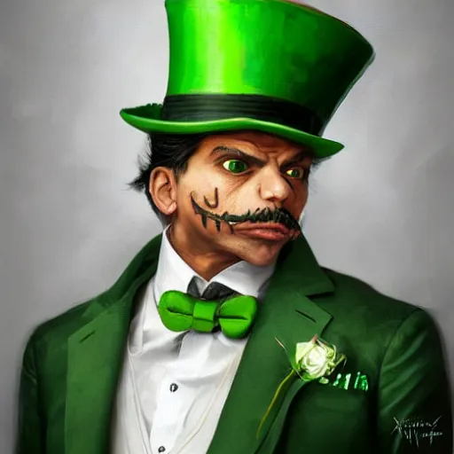 Prompt: hyper realistic portrait, beautifully rendered, luis guzman as dapper fancy luigi wearing a green top hat, green suit and bowtie, smirking deviously, painted by greg rutkowski, wlop, artgerm, dishonored 2