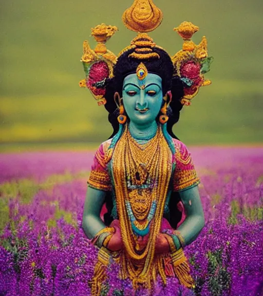 Prompt: hindu goddess standing looking at you at distance in beautiful meadow of flowers, film photo