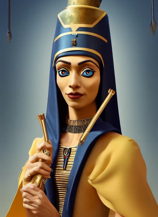 Image similar to an anthropomorphic beautiful female wizard of pharaoh holding magic wand portrait wearing robe, fine art, award winning, intricate, elegant, sharp focus, octane render, hyperrealistic, cinematic lighting, highly detailed, digital painting, 8 k concept art, art by jamie hewlett and z. w. gu, masterpiece, trending on artstation, 8 k