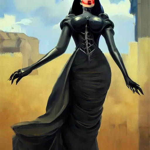 Image similar to greg manchess portrait painting of partially armored morticia from addams family as overwatch character, medium shot, asymmetrical, profile picture, organic painting, sunny day, matte painting, bold shapes, hard edges, street art, trending on artstation, by huang guangjian and gil elvgren and greg rutkowski