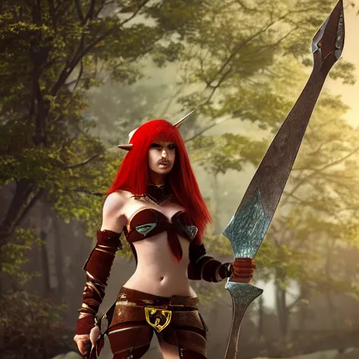 Prompt: beautiful redhead elf with warrior outfit, clash royal style characters, unreal engine 5, octane render, detailed, cinematografic, cinema 4 d