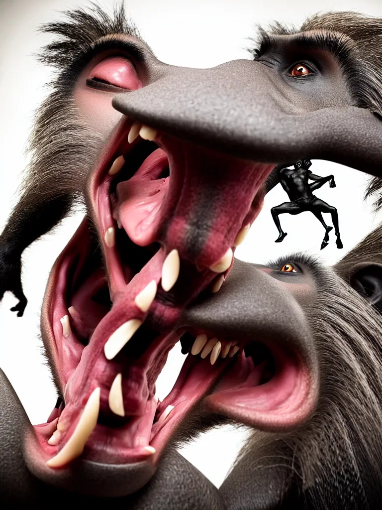 Image similar to a formal portrait photograph of a screaming man transforming into a baboon and horse simultaneously