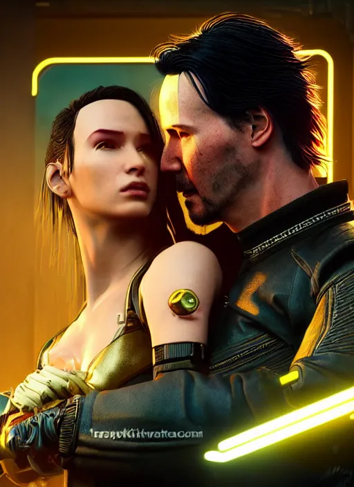 Image similar to a cyberpunk 2077 couple portrait of a Keanu Reeves as johnny silverhand and a female android in final kiss,love,fantasy, intricate, elegant,film lighting,artstation,deviantart,FAN ART,full of color,Digital painting,face enhance,highly detailed,8K,octane,golden ratio,cinematic lighting