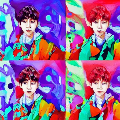 Image similar to haechan from nct in liminal space doing random poses, different angles, different art styles, color restoration