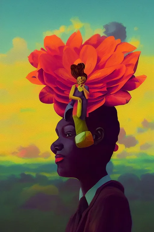 Image similar to portrait, giant flower as head, black woman in suit, surreal photography, golden hour, colorful clouds, impressionist painting, digital painting, artstation, simon stalenhag