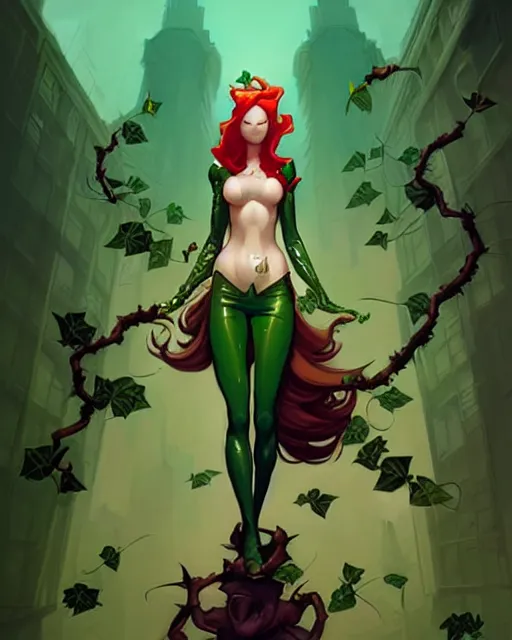 Image similar to peter mohrbacher, phil noto comicbook cover art, artgerm, emma stone poison ivy, vines, symmetrical eyes, full body, green outfit, city rooftop