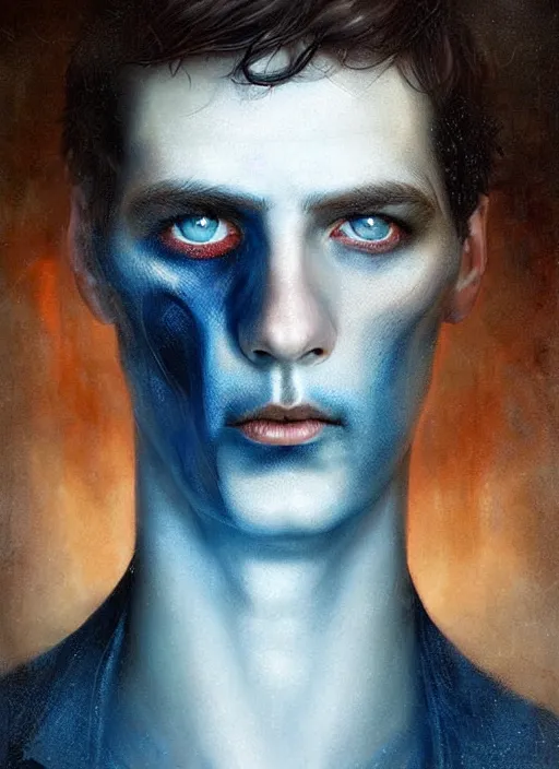 Prompt: an ominous portrait of a burned man with beautiful blue eyes and short brown hair, art by manuel sanjulian and tom bagshaw