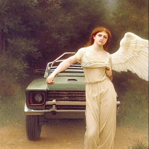 Image similar to an oil painting of an angel driving a car in a drive through, one hand on the steering wheel, exterior view, by Bouguereau, highly realistic and intricate