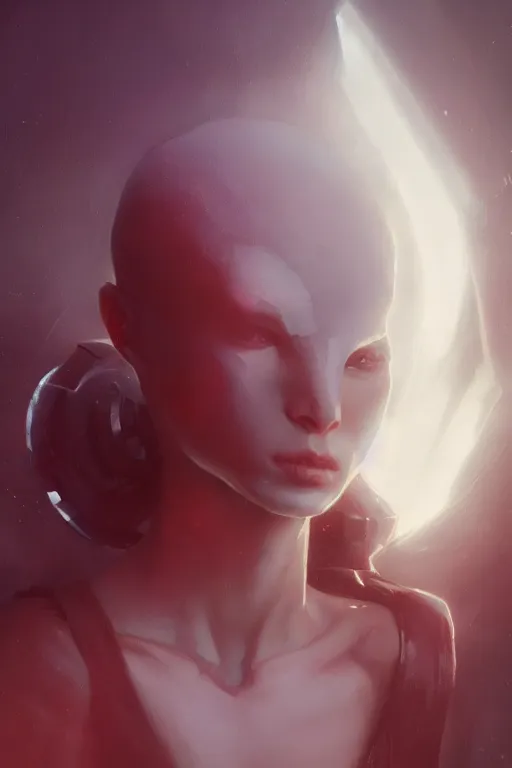 Image similar to a fancy portrait of an attractive alien women with a blindfold on by Greg Rutkowski, Sung Choi, Mitchell Mohrhauser, Maciej Kuciara, Johnson Ting, Maxim Verehin, Peter Konig, final fantasy , 8k photorealistic, cinematic lighting, HD, high details, atmospheric , trending on artstation