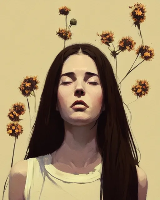 Prompt: cottagecore hyper - realistic portrait of a woman in black sleeveless t - shirt, flowers, by atey ghailan, by greg rutkowski, by greg tocchini, by james gilleard, by joe fenton, by kaethe butcher, dynamic lighting, gradient light yellow, brown, blonde cream and white color scheme, grunge aesthetic