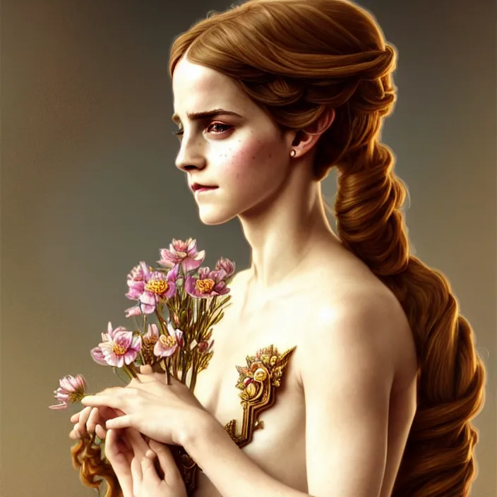 Prompt: ancient queen elegant naive emma watson, symetrical, diffuse lighting, fantasy, intricate, elegant, highly detailed, lifelike, photorealistic, digital painting, artstation, illustration, concept art, 4 k, smooth, sharp focus, art by john collier and albert aublet and krenz cushart and artem demura and alphonse mucha