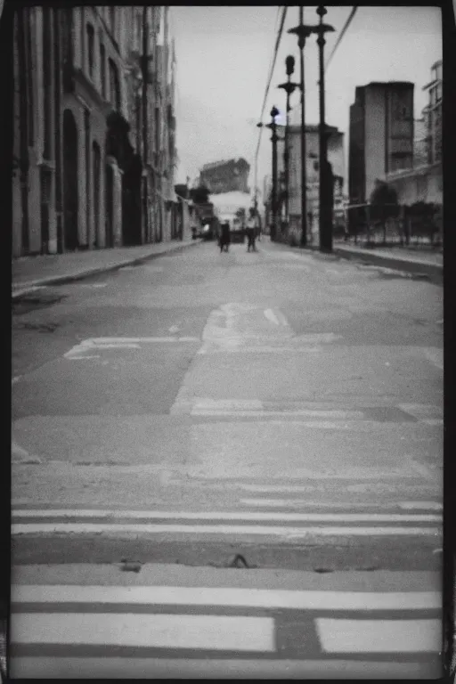 Image similar to polaroid photo of sad and lonely child in the middle of an empty street in a big city, tecnica collodio umido, photorealistic, 35mm film, lens 85mm, f2.8, black and white, polaroid, view camera.