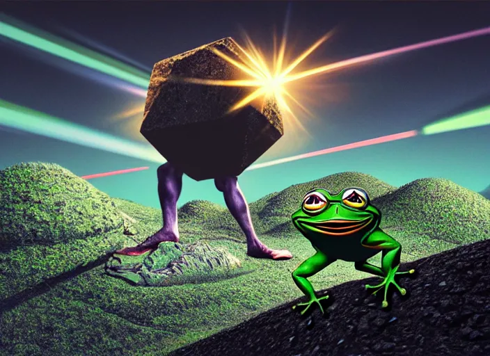 Prompt: hyper realistic detailed image of athletic chad pepe the frog pushing huge tungsten metallic cube up a hill, sisyphus compostition, by ayami kojima, amano, beeple, greg hildebrandt, and mark brooks, mystical, renaissance color palette, cinematic light, low angle, long cinematic shot by andrei tarkovsky, extremely detailed, very coherent symmetrical artwork