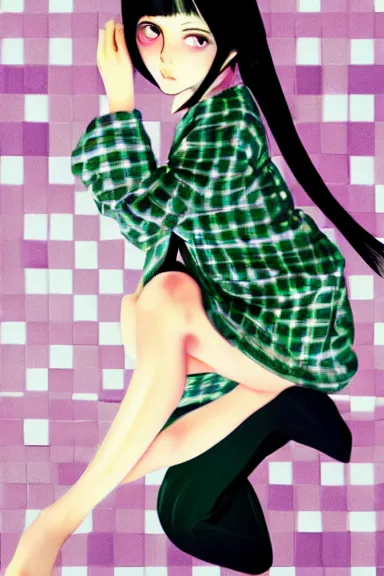 Prompt: mysterious girl child with her long black hair dressed in a chequered robe anime art style, big green diamond on her hand, digital art by ilya kuvshinov, inspired by balthus, hd, 4 k, hyper detailed