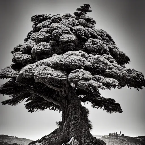 Prompt: photograph of cedar of lebanon resembling masculine strong man, ultra detailed, DSLR photography, high contrast.