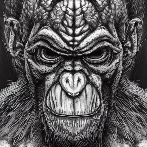 Prompt: an ape plant monster, menacing expression, nature themed, 4 k, glowing amber eyes, intricate details, highly detailed, kentaro miura art style