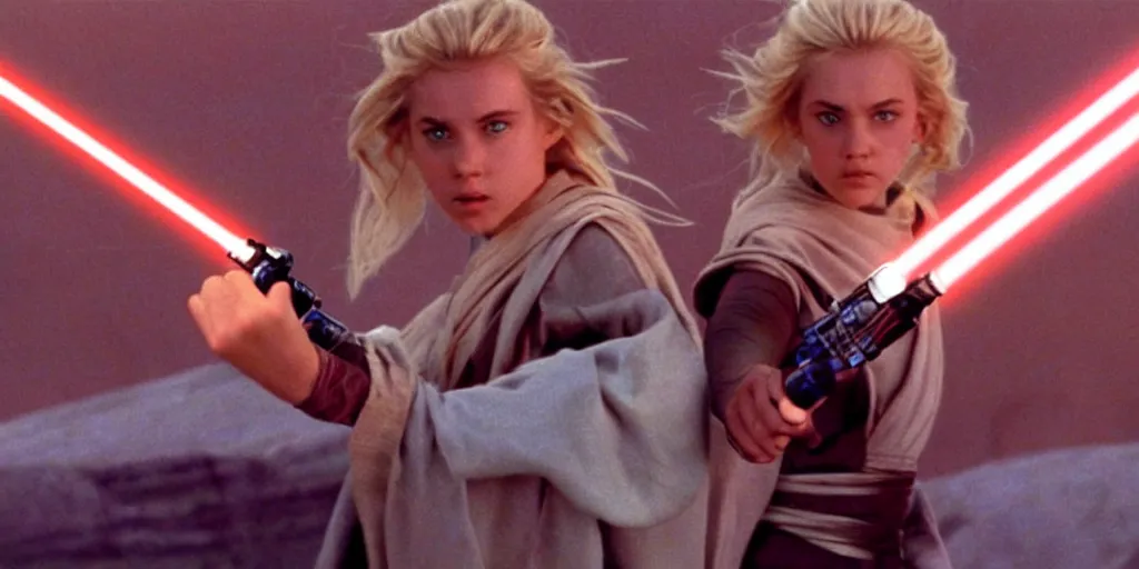 Image similar to A full color still of a teenage blonde Jedi padawan holding a lightsaber hilt, looking scared, sci-fi city in the background, windy, from The Phantom Menace, directed by Steven Spielberg, 35mm!!! 1990