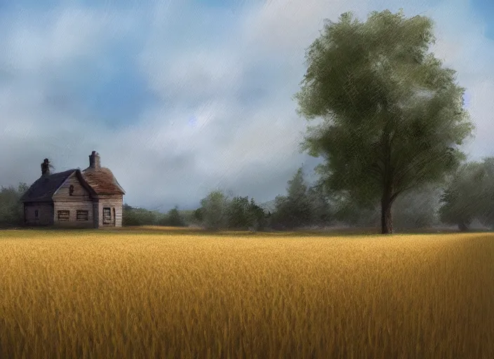 Prompt: a realistic digital oil painting of a house in the middle of a wheat field with a fence and trees surrounding it, pathway in the field, digital art, trending on artstation, detailed