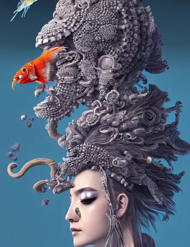 Image similar to 3 d goddess in robe close - up profile portrait with ram skull. beautiful intricately detailed japanese crow kitsune mask and clasical japanese kimono. betta fish, jellyfish phoenix, bio luminescent, plasma, ice, water, wind, creature, artwork by tooth wu and wlop and beeple and greg rutkowski