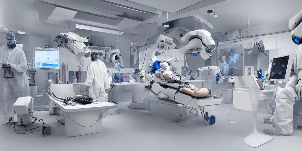 Prompt: an organ transplant in an operating room with robotic surgeons , photorealistic,by Wlop,4k resolution