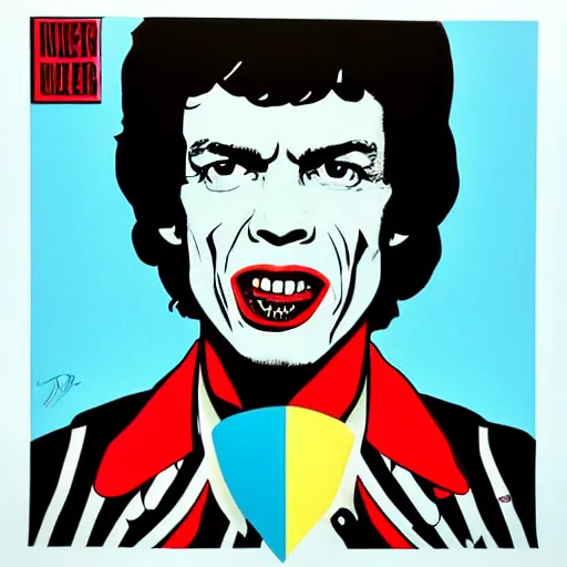 Prompt: individual young mick jagger silk screen butcher billy style