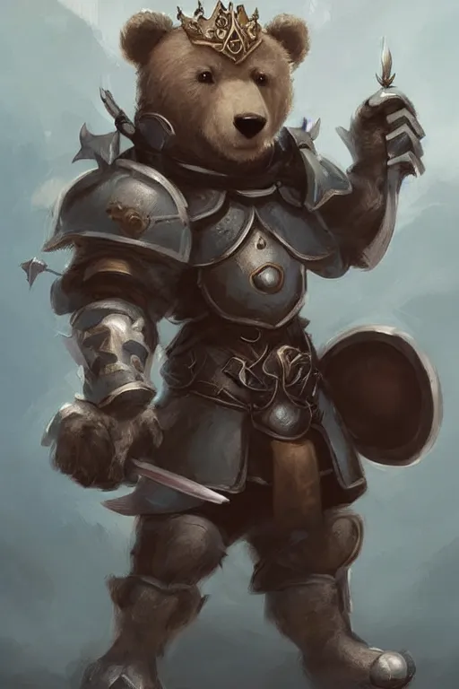 Image similar to cute little anthropomorphic bear knight wearing a cape and a crown, tiny, small, miniature bear, baby animal, short, pale blue armor, cute and adorable, pretty, beautiful, DnD character art portrait, matte fantasy painting, DeviantArt Artstation, by Jason Felix by Steve Argyle by Tyler Jacobson by Peter Mohrbacher, cinematic lighting